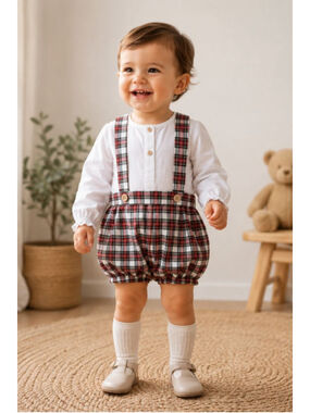 Baby Babidu Plaid Overalls Red White Size 2A